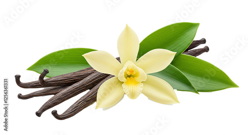 Vanilla flower with aromatic pods and fresh green leaves showcasing its natural beauty and rich fragrance isolated on a transparent background