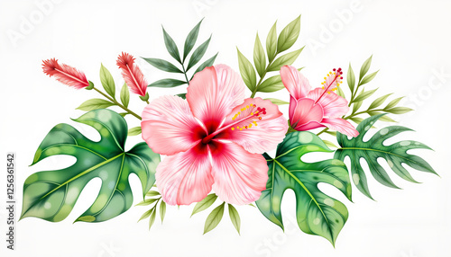 Vibrant hibiscus blossoms surrounded by tropical leaves, floral beauty