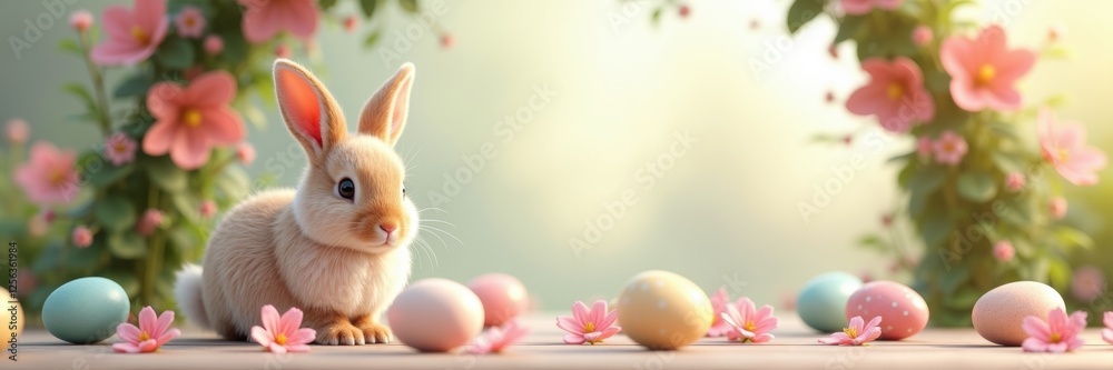 A charming scene featuring a cute rabbit surrounded by colorful Easter eggs and blooming flowers, perfect for festive springtime designs. A charming scene featuring a cute rabbit surrounded by colorful Easter eggs and blooming flowers, perfect for festive springtime designs.