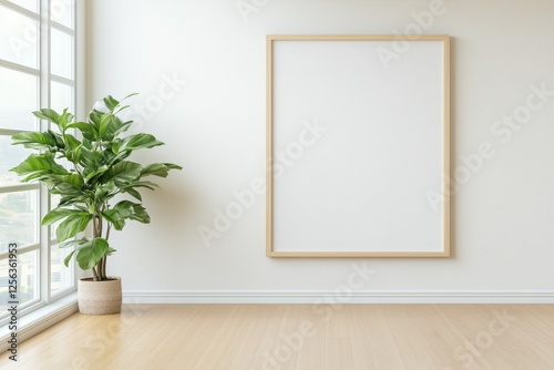 A spacious room with a large wooden frame on the wall and a green plant in a pot.