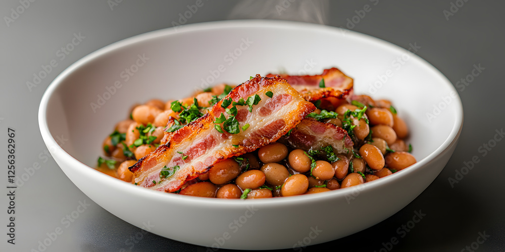 Bowl of beans with crispy slices on top with fresh green garnish, food styling, studio shot, on a gray surface. Bowl of beans with crispy slices on top with fresh green garnish, food styling, studio shot, on a gray surface.