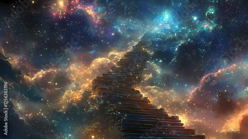 An endless staircase made of stars leads travelers through cosmic journey, inviting exploration and wonder in vast, starry universe. Endless Staircases. Illustration