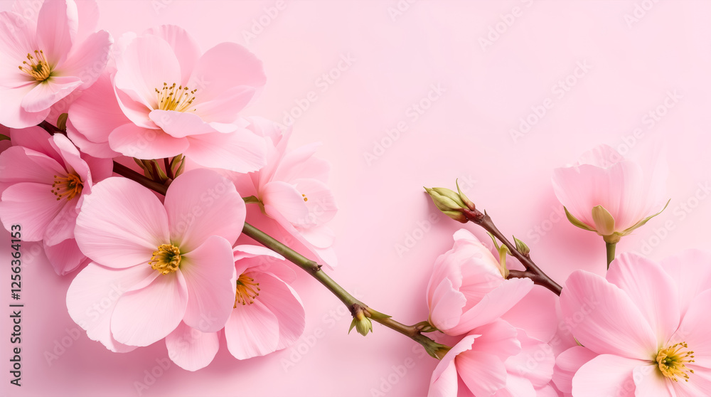 Delicate Pink Cherry Blossom Flowers with Branch on Soft Pastel Background. Springtime, Floral, Romance, and Wedding Design Elements. Delicate Pink Cherry Blossom Flowers with Branch on Soft Pastel Background. Springtime, Floral, Romance, and Wedding Design Elements.