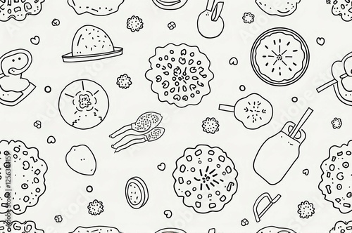 Hand-drawn black and white doodle pattern of kitchen utensils and food items
