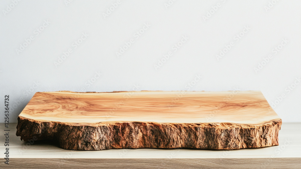 Fototapeta premium Flat lay of wooden slab on natural wood table with minimalist style for product showcase