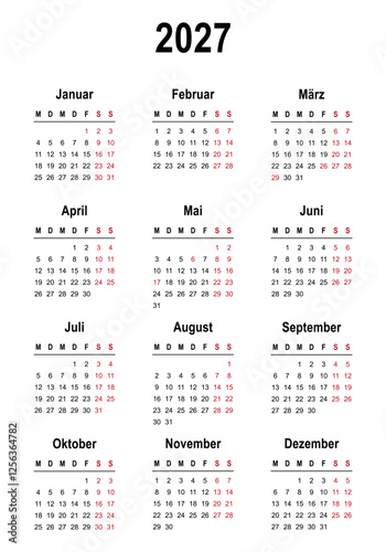 2027 calendar minimalist on german language with german holidays. Week start on monday. Vector illustration	