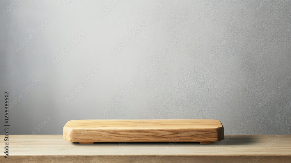 Minimalist wooden slab on a wooden table with smooth grey background for product display Minimalist wooden slab on a wooden table with smooth grey background for product display