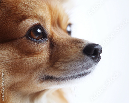 Close-up profile of a fluffy dog with brown fur, showcasing its nose, eyes, and whiskers, symbolizing calmness, attentiveness, and the bond between pets and their owners. photo