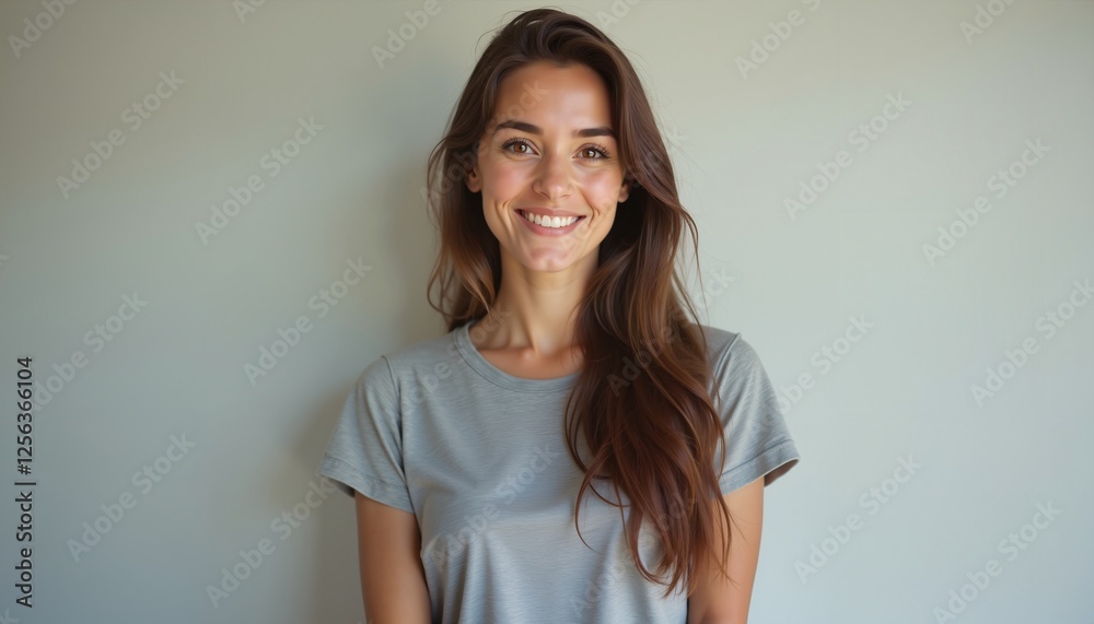 Obraz premium Smiling young woman in casual attire on neutral background, profile picture