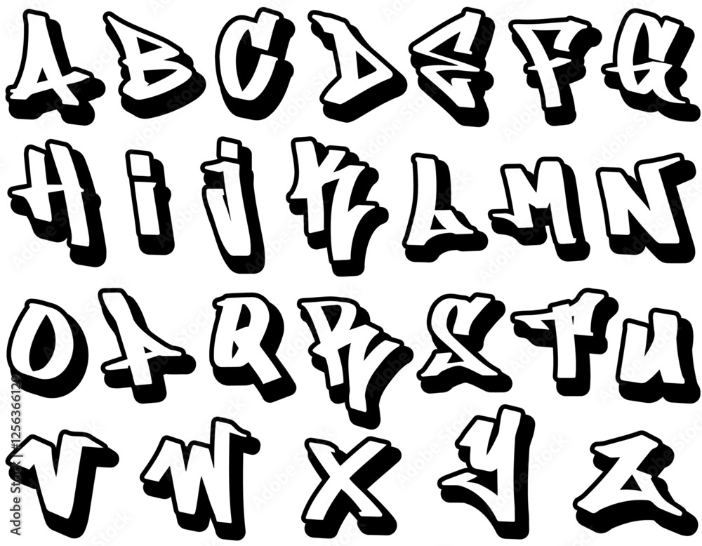 Graffiti letters set, vector hand drawn graffiti alphabet A to Z, white letters with black outline and black shadow Graffiti letters set, vector hand drawn graffiti alphabet A to Z, white letters with black outline and black shadow