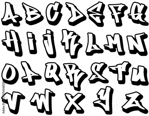 Graffiti letters set, vector hand drawn graffiti alphabet A to Z, white letters with black outline and black shadow