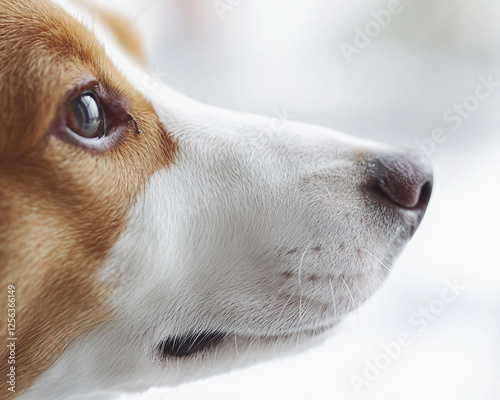 Close-up profile of a dog with brown and white fur, highlighting its nose and eye. The image symbolizes curiosity, attentiveness, and the loyal connection between pets and their owners. photo