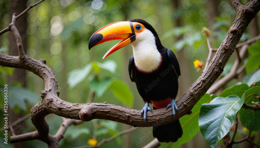 Obraz premium Graceful toucan perched on twisted branch in thick forest, vibrant nature