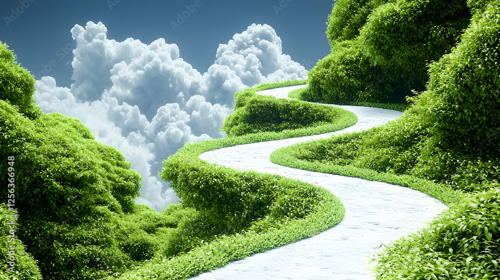 Fototapeta premium Winding path above clouds, green landscape, journey concept