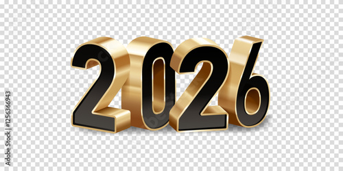 Happy new year 2026. 3D Shiny gold and black numbers, isolated on transparent background.