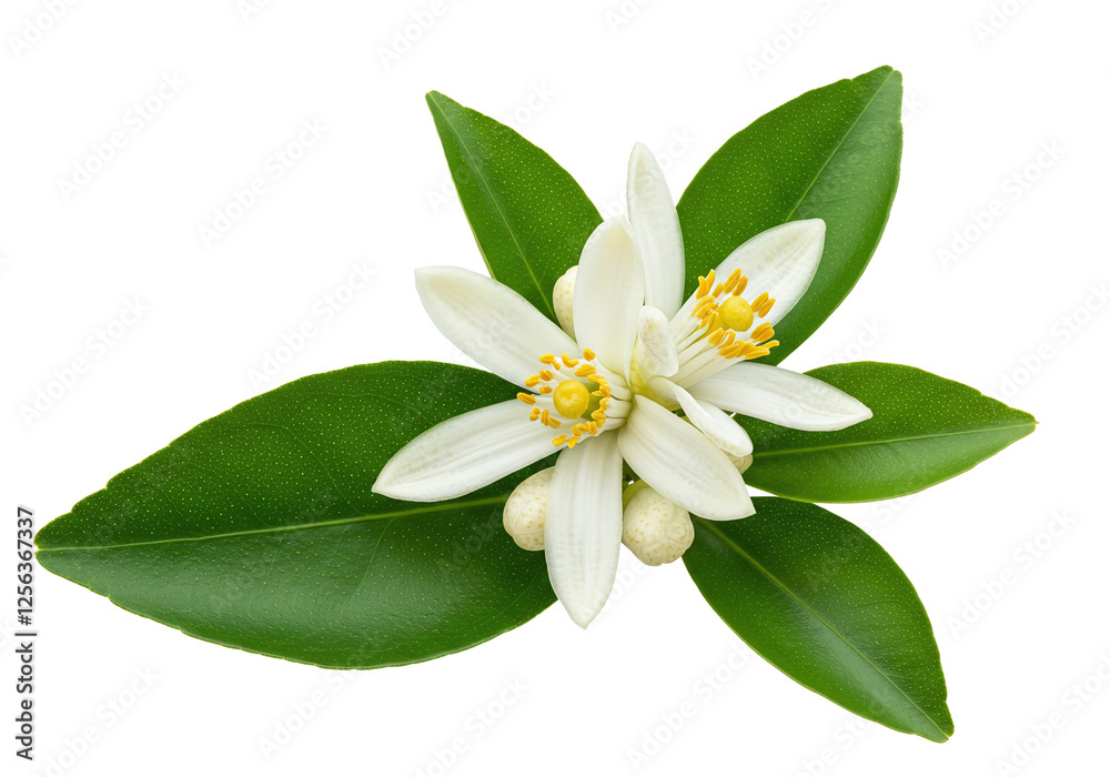 Fototapeta premium Citrus Flower with Lush Green Leaves on a Transparent Background
