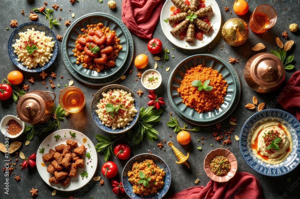 Traditional middle eastern feast spread with various dishes and spices Traditional middle eastern feast spread with various dishes and spices