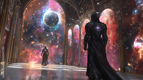 The gallant galaxy knight embodying the essence of the universe in a hall of cosmic murals. Ethereal Armor. Illustration photo