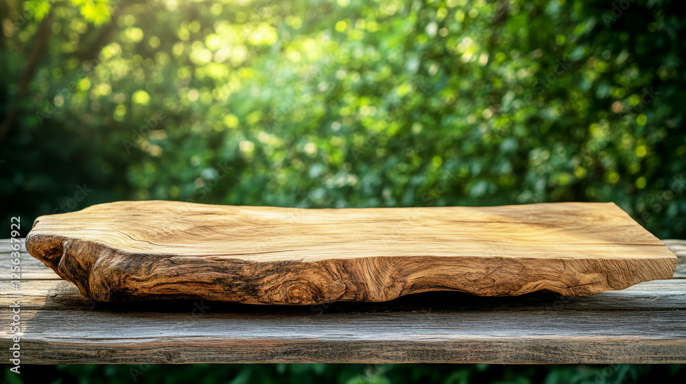 Rustic wooden slab on smooth table with soft green background for minimal product display Rustic wooden slab on smooth table with soft green background for minimal product display