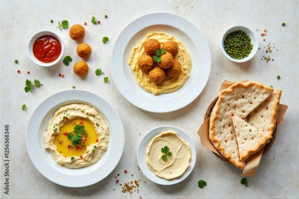 Delicious middle eastern spread with hummus, falafel, and bread on rustic table Delicious middle eastern spread with hummus, falafel, and bread on rustic table