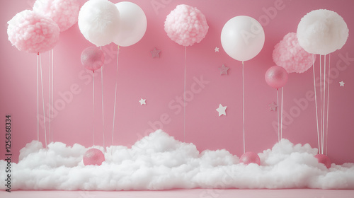 Pink and white balloons floating above fluffy clouds with star decorations against pastel background representing dreamy celebration, party decor, and festive atmosphere photo