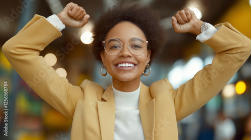 Happy confident afro woman wearing stylish yellow blazer with arms raised smiling in city background symbolizing success, positivity, empowerment, and modern lifestyle happiness photo