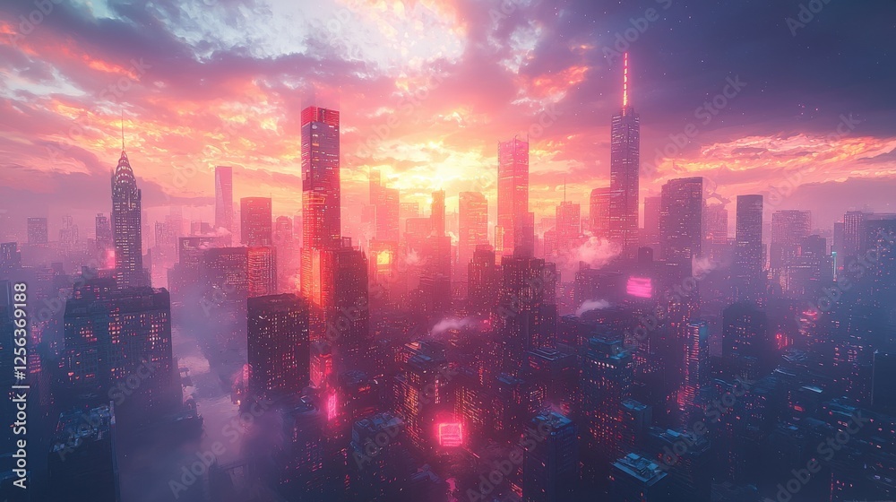 Fototapeta premium Vibrant Sunset Cityscape - Futuristic Metropolis