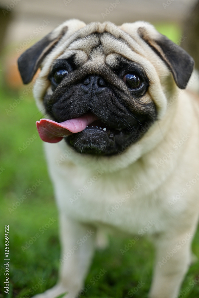 Obraz premium close up of a pug in the gress enjoying the garden
