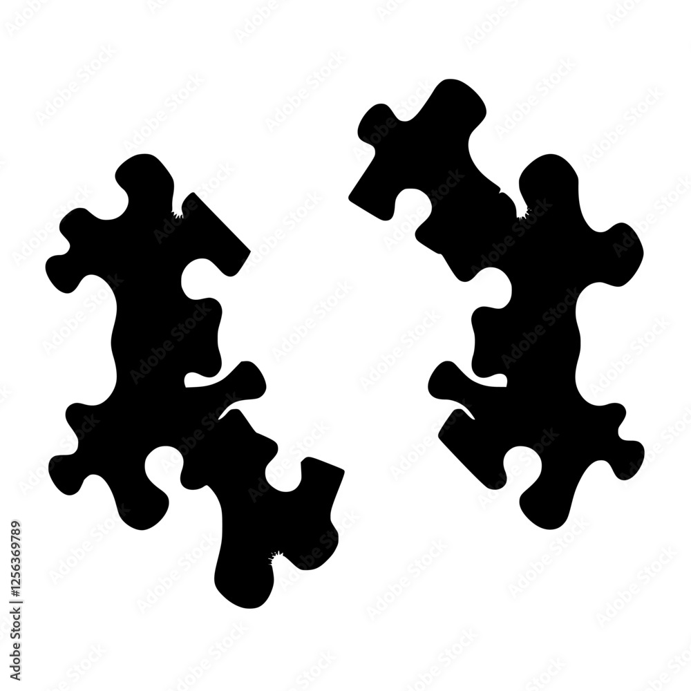 Obraz premium Abstract black and white image with four puzzle pieces with black, white, and grey colors, against a white background.