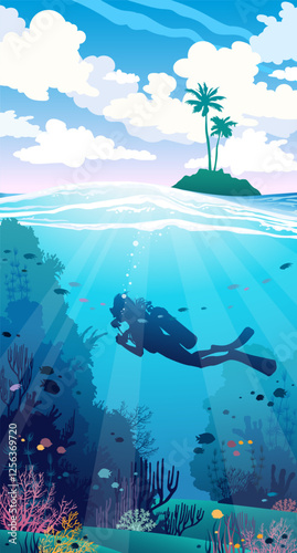 Vector illustration with silhouette of scuba diver, coral reef, fishes and blue cloudy sky with island above. Underwater seascape. 