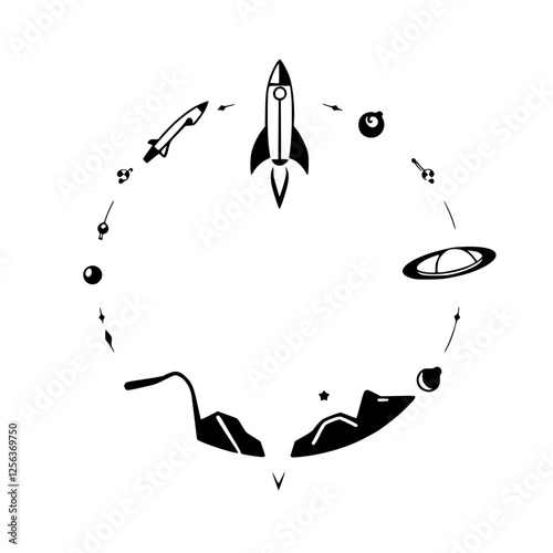 Black and White minimalist illustration of a rocket launch into a circular composition with celestial bodies and a space station.