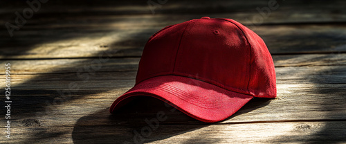 Red baseball cap on wooden surface with natural lighting, representing casual fashion, lifestyle, and everyday wear. Symbolizing comfort and style for both men and women. photo