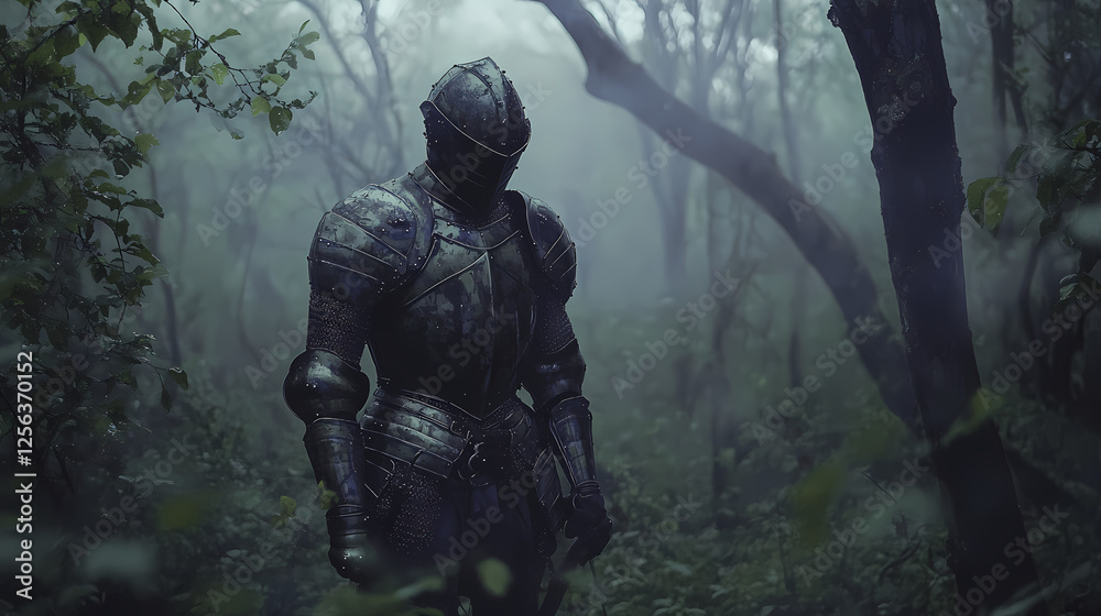 A knight stands in a misty forest. Ethereal Armor. Illustration A knight stands in a misty forest. Ethereal Armor. Illustration