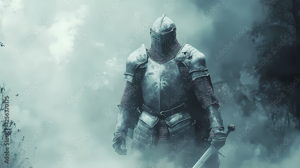 Fototapeta premium A knight stands in a misty forest. Ethereal Armor. Illustration