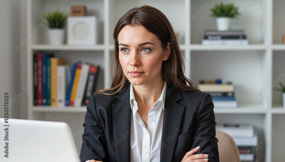 Determined woman in business suit reflecting in modern office, empowerment Determined woman in business suit reflecting in modern office, empowerment