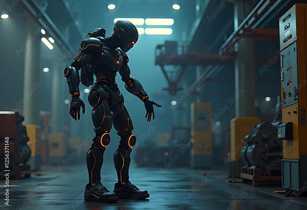 Obraz premium Futuristic Robot Standing in Technology-Focused Industrial Setting with Complex Machinery