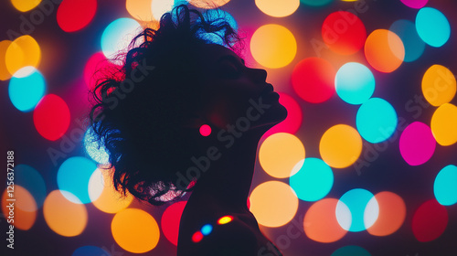 Silhouette of a woman with glowing multicolored bokeh lights in background representing mystery, beauty, artistic creativity, dreamy and party atmosphere, and emotional expression photo