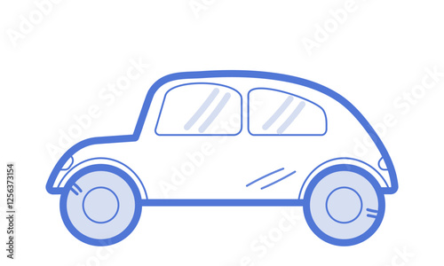 Minimalistic car icon in line art style. Cute cartoon blue small kids car. Silhouette, icon in minimalist style for design of children's rooms, clothing, textiles. Vector illustration.