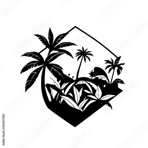 Tropical Paradise: Silhouette of palm trees and vegetation in a diamond shaped frame.