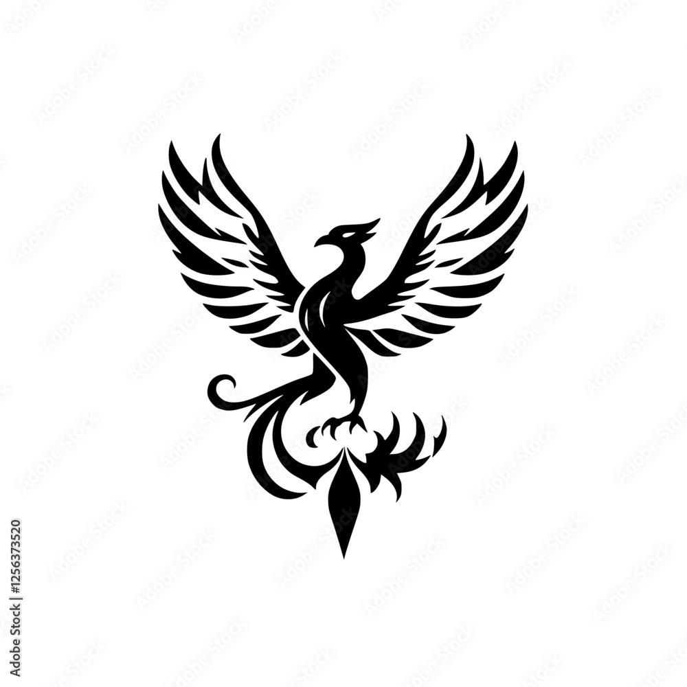 Fototapeta premium Black Phoenix, wings spread, perched atop a stylized base, on white background.