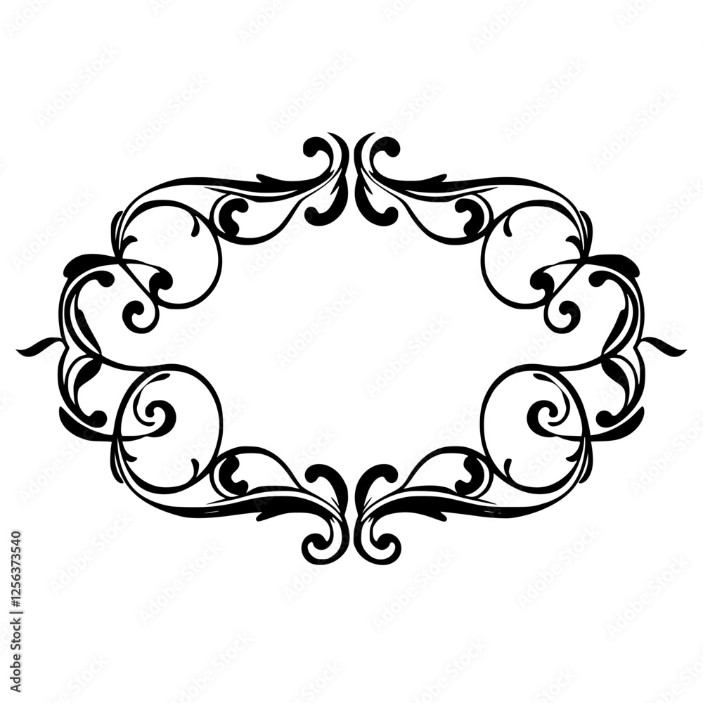 Black ornate oval decorative frame, detailed flourish design on white backdrop. Black ornate oval decorative frame, detailed flourish design on white backdrop.