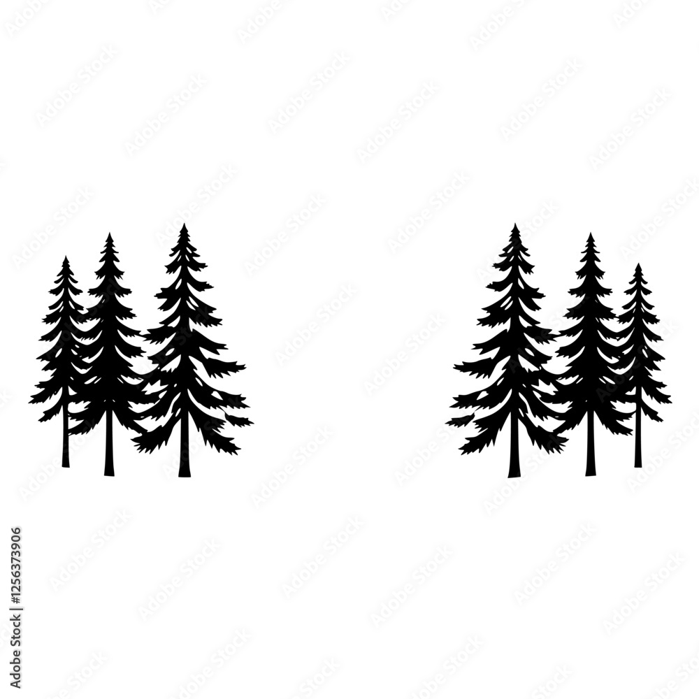 Obraz premium Silhouette of Pine Trees on a White Background, Black and White Abstract.