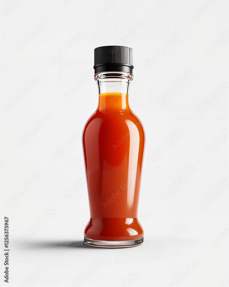 Glass bottle filled with vibrant red sauce placed on a white background Glass bottle filled with vibrant red sauce placed on a white background
