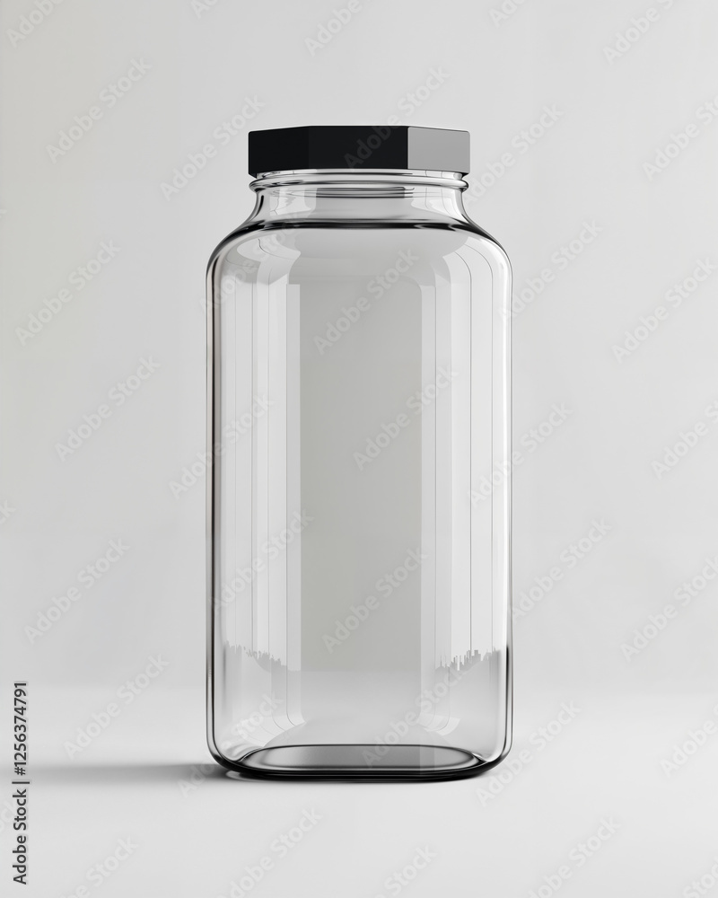 Clear glass jar with black lid sits on a simple white background, showcasing modern design and functionality for various uses Clear glass jar with black lid sits on a simple white background, showcasing modern design and functionality for various uses
