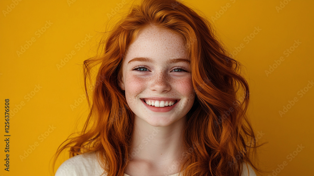 Fototapeta premium Happy young girl with ginger hair smiling confidently on yellow background.