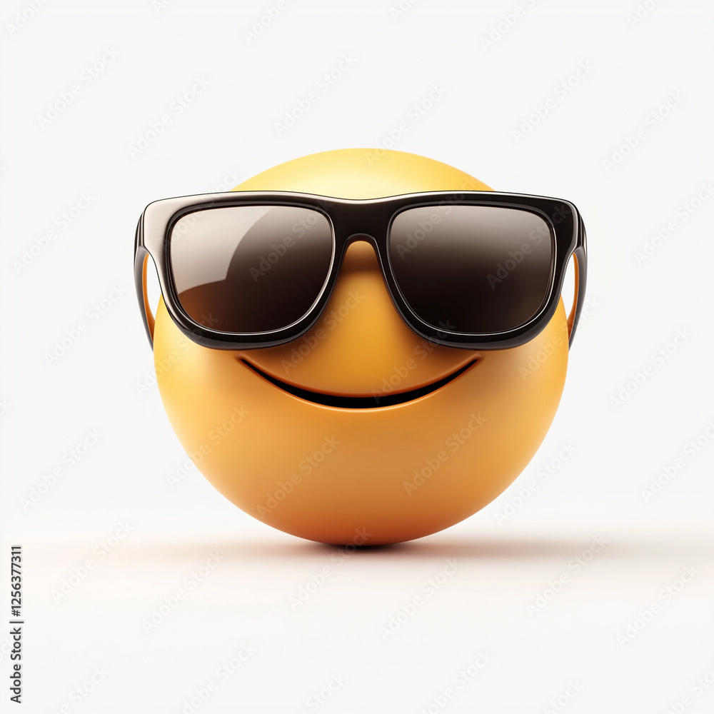 3D yellow emoji wearing black sunglasses with confident smirk on white background symbolizing cool attitude, swag, internet culture, digital communication, and fun expression 3D yellow emoji wearing black sunglasses with confident smirk on white background symbolizing cool attitude, swag, internet culture, digital communication, and fun expression