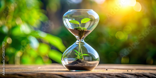 A glass hourglass showcases young plants emerging from soil, representing growth and the passage of time against a backdrop of sunlight and greenery