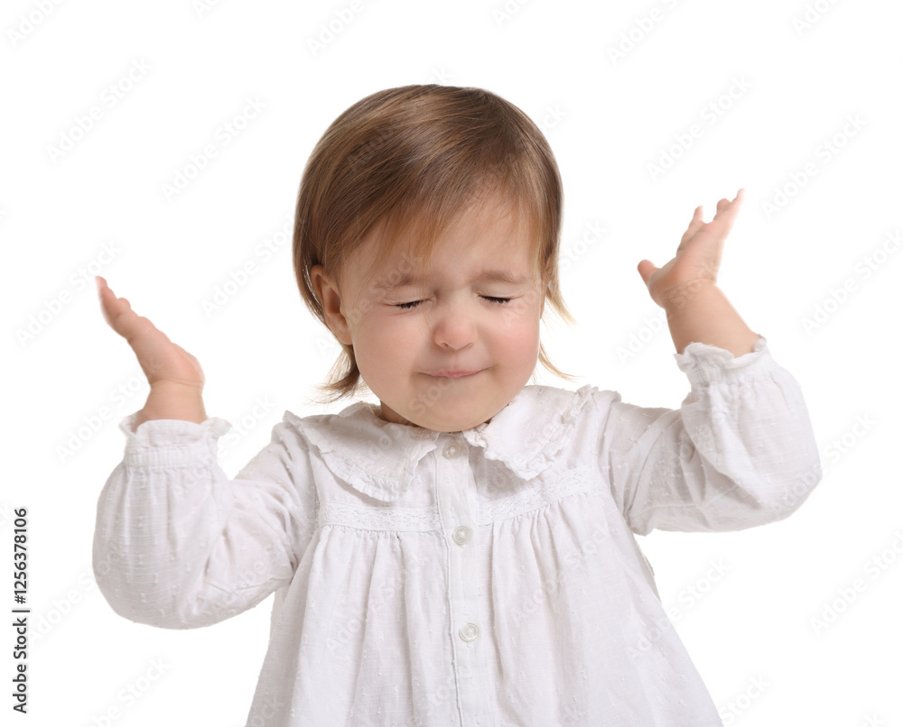 Cute little baby girl playing peekaboo on white background Cute little baby girl playing peekaboo on white background