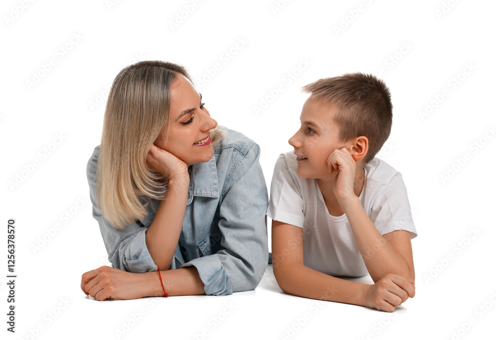 Happy mother and son on white background Happy mother and son on white background