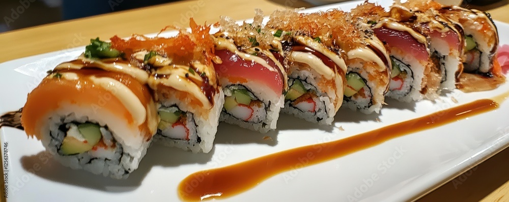 Delicious sushi roll with salmon and tuna topped with sauce and garnishes Delicious sushi roll with salmon and tuna topped with sauce and garnishes